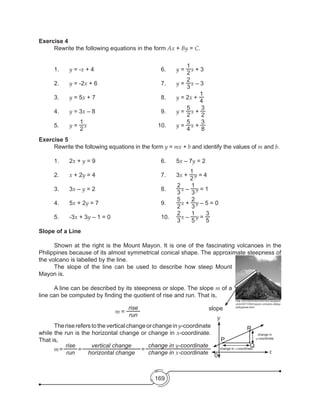 169
Exercise 4
	 Rewrite the following equations in the form Ax + By = C.
1.	 y = -x + 4	 	 	 	 	 6.	 y =
1
2
x + 3
2.	 y = -2x + 6	 	 	 	 	 7.  	 y =
2
3
x – 3
3.	 y = 5x + 7 				 8.	 y = 2x +
1
4
4.	 y = 3x – 8    	 	 	 	 9.  	 y =
5
2
x +
3
2
5.	 y =
1
2
x 					 10. 	 y =
5
4
x +
3
8
Exercise 5
	 Rewrite the following equations in the form y = mx + b and identify the values of m and b.
1.	2x + y = 9	 	 	 	 	 6. 	 5x – 7y = 2
2.	 x + 2y = 4					 7. 	 3x +
1
2
y = 4
3.	3x – y = 2					 8. 	
2
3
x –
1
3
y = 1
4.	5x + 2y = 7		 	 	 	 9.  	
5
2
x +
2
3
y – 5 = 0
5.	-3x + 3y – 1 = 0				 10. 	
2
3
x –
1
5
y =
3
5
Slope of a Line
	 Shown at the right is the Mount Mayon. It is one of the fascinating volcanoes in the
Philippines because of its almost symmetrical conical shape. The approximate steepness of
the volcano is labelled by the line.
	 The slope of the line can be used to describe how steep Mount
Mayon is.
	 A line can be described by its steepness or slope. The slope m of a
line can be computed by finding the quotient of rise and run. That is,
				m =
rise
run
	 Therisereferstotheverticalchangeorchangeiny-coordinate
while the run is the horizontal change or change in x-coordinate.
That is,
m=
rise
run
=
vertical change
horizontal change
=
change in y-coordinate
change in x-coordinate
slope
http://wonderfulworldreview.blogspot.
com/2011/05/mayon-volcano-albay-
philippines.html
P
R
y
x
Q
change in
y-coordinate
change in x-coordinate
0
 