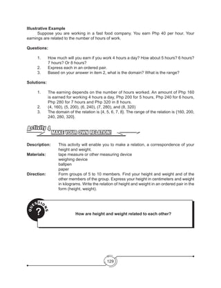 129
Illustrative Example
	 Suppose you are working in a fast food company. You earn Php 40 per hour. Your
earnings are related to the number of hours of work.
Questions:
1.	 How much will you earn if you work 4 hours a day? How about 5 hours? 6 hours?
7 hours? Or 8 hours?
2.	 Express each in an ordered pair.
3.	 Based on your answer in item 2, what is the domain? What is the range?
Solutions:
1.	 The earning depends on the number of hours worked. An amount of Php 160
is earned for working 4 hours a day, Php 200 for 5 hours, Php 240 for 6 hours,
Php 280 for 7 hours and Php 320 in 8 hours.
2.	 (4, 160), (5, 200), (6, 240), (7, 280), and (8, 320)
3.	 The domain of the relation is {4, 5, 6, 7, 8}. The range of the relation is {160, 200,
240, 280, 320}.
MAKE YOUR OWN RELATION!
Activity 4
Description:	 This activity will enable you to make a relation, a correspondence of your
height and weight.
Materials:	 	 tape measure or other measuring device
			weighing device
			ballpen
			paper		
Direction: 		 Form groups of 5 to 10 members. Find your height and weight and of the
other members of the group. Express your height in centimeters and weight
in kilograms. Write the relation of height and weight in an ordered pair in the
form (height, weight).
QU
ESTIO
NS
? How are height and weight related to each other?
 