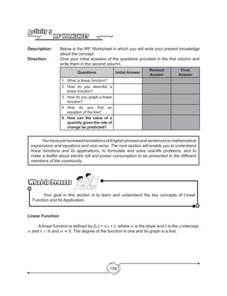 158
IRF WORKSHEET
Activity 5
Description: 	 Below is the IRF Worksheet in which you will write your present knowledge
about the concept.
Direction: 		 Give your initial answers of the questions provided in the first column and
write them in the second column.
Questions Initial Answer
Revised
Answer
Final
Answer
1.	 What is linear function?
2.	How do you describe a
linear function?
3.	 How do you graph a linear
function?
4.	 How do you find an
equation of the line?
5.	How can the value of a
quantity given the rate of
change be predicted?
	 YouhavejustreviewedtranslationsofEnglishphrasesandsentencestomathematical
expressions and equations and vice versa. The next section will enable you to understand
linear functions and its applications, to formulate and solve real-life problems, and to
make a leaflet about electric bill and power consumption to be presented to the different
members of the community.
	 Your goal in this section is to learn and understand the key concepts of Linear
Function and Its Application.
What to ProcessWhat to Process
Linear Function
	 A linear function is defined by f(x) = mx + b, where m is the slope and b is the y-intercept,
m and b ∈ ℜ and m ≠ 0. The degree of the function is one and its graph is a line.
 