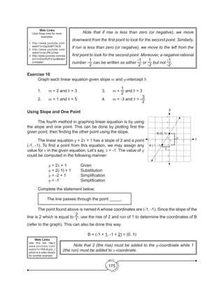 175
	 Note that if rise is less than zero (or negative), we move
downward from the first point to look for the second point. Similarly,
if run is less than zero (or negative), we move to the left from the
first point to look for the second point. Moreover, a negative rational
number -
1
2
can be written as either
-1
2
or
1
-2
but not
-1
-2
.
	 Note that 2 (the rise) must be added to the y-coordinate while 1
(the run) must be added to x-coordinate.
Web Links
Click these links for more
examples:
1.	http://www.youtube.com/
watch?v=QIp3zMTTACE
2.	http://www.youtube.com/
watch?v=jd-ZRCsYaec
3.	http://www.youtube.com/wa
tch?v=EbuRufY41pc&featur
e=related
Web Links
Use this link http://
www.youtube.com/
watch?v=f58Jkjypr_I
which is a video lesson
for another example.
Exercise 10
	 Graph each linear equation given slope m and y-intercept b.
	1.	m = 2 and b = 3			 3. 	 m =
1
2
and b = 3
	2.	m = 1 and b = 5			 4. 	 m = -3 and b = -
3
2
Using Slope and One Point
	 The fourth method in graphing linear equation is by using
the slope and one point. This can be done by plotting first the
given point, then finding the other point using the slope.
	 The linear equation y = 2x + 1 has a slope of 2 and a point
(-1, -1). To find a point from this equation, we may assign any
value for x in the given equation. Let’s say, x = -1. The value of y
could be computed in the following manner:
		y = 2x + 1		 Given
		y = 2(-1) + 1	 Substitution	
		y = -2 + 1	 	 Simplification
		y = -1		 	 Simplification
	 Complete the statement below:
	
	 The point found above is named A whose coordinates are (-1, -1). Since the slope of the
line is 2 which is equal to
2
1
, use the rise of 2 and run of 1 to determine the coordinates of B
(refer to the graph). This can also be done this way.
B = (-1 + 1, -1 + 2) = (0, 1)
The line passes through the point _____.
0
0
-1
-1
-2
-3
-4
-2-3
1
2
3
4
1 2
2
1
3
(0, 1)
(-1, -1)
B
A
x
y
 