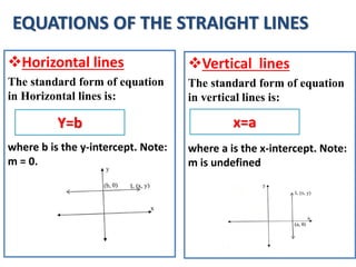 EQUATIONS OF THE STRAIGHT LINES
Horizontal lines
The standard form of equation
in Horizontal lines is:
where b is the y-intercept. Note:
m = 0.
Y=b
Vertical lines
The standard form of equation
in vertical lines is:
where a is the x-intercept. Note:
m is undefined
x=a
 
