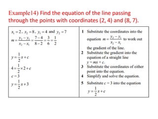 Example14) Find the equation of the line passing
through the points with coordinates (2, 4) and (8, 7).
 