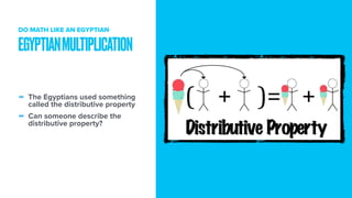 - The Egyptians used something
called the distributive property
- Can someone describe the
distributive property?
EGYPTIANMULTIPLICATION
DO MATH LIKE AN EGYPTIAN
 