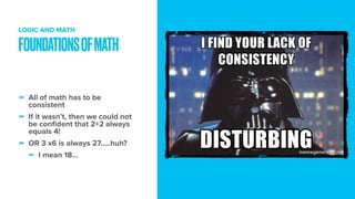 - All of math has to be
consistent
- If it wasn’t, then we could not
be conﬁdent that 2+2 always
equals 4!
- OR 3 x6 is always 27…..huh?
- I mean 18…
FOUNDATIONSOFMATH
LOGIC AND MATH
 