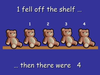 1 fell off the shelf …1 fell off the shelf …
…… then there werethen there were 44
1 2 3 4
 