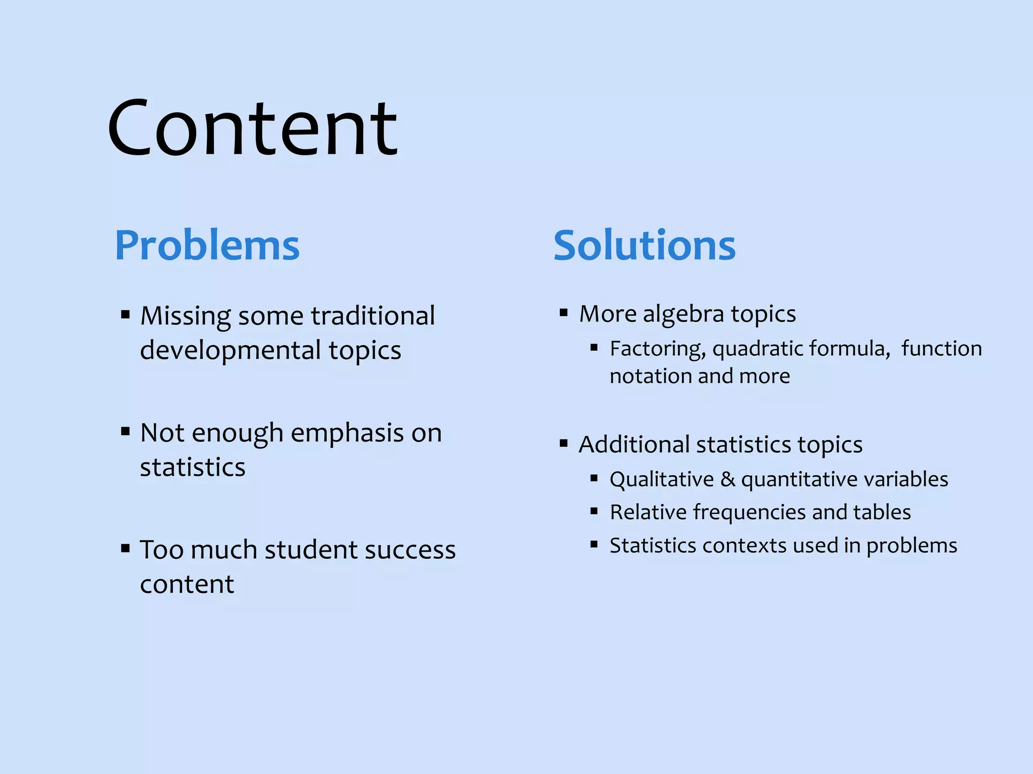 Content
Problems Solutions
 Missing some traditional
developmental topics
 Not enough emphasis on
statistics
 Too much student success
content
 More algebra topics
 Factoring, quadratic formula, function
notation and more
 Additional statistics topics
 Qualitative & quantitative variables
 Relative frequencies and tables
 Statistics contexts used in problems
 