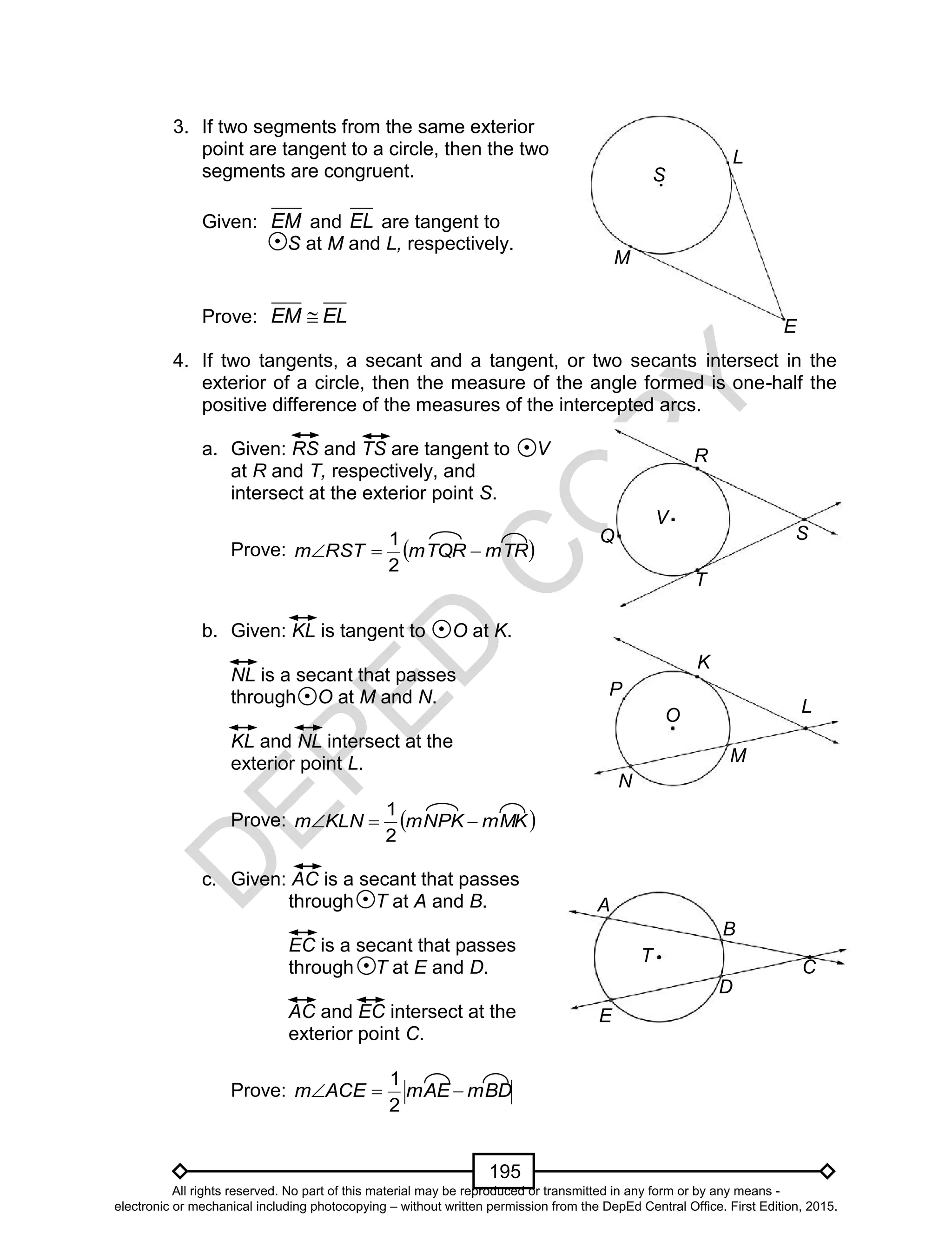 D
EPED
C
O
PY
195
3. If two segments from the same exterior
point are tangent to a circle, then the two
segments are congruent.
Given: EM and EL are tangent to
S at M and L, respectively.
Prove: EM EL
4. If two tangents, a secant and a tangent, or two secants intersect in the
exterior of a circle, then the measure of the angle formed is one-half the
positive difference of the measures of the intercepted arcs.
a. Given: RS and TS are tangent to V
at R and T, respectively, and
intersect at the exterior point S.
Prove:  mTRmTQRRSTm 
2
1
b. Given: KL is tangent to O at K.
NL is a secant that passes
through O at M and N.
KL and NL intersect at the
exterior point L.
Prove:  mMKmNPKKLNm 
2
1
c. Given: AC is a secant that passes
through T at A and B.
EC is a secant that passes
through T at E and D.
AC and EC intersect at the
exterior point C.
Prove: mBDmAEACEm 
2
1
L
E
S
M
Q
T
V
S
R
M
K
L
N
P
O
E
B
C
T
A
D
All rights reserved. No part of this material may be reproduced or transmitted in any form or by any means -
electronic or mechanical including photocopying – without written permission from the DepEd Central Office. First Edition, 2015.
 