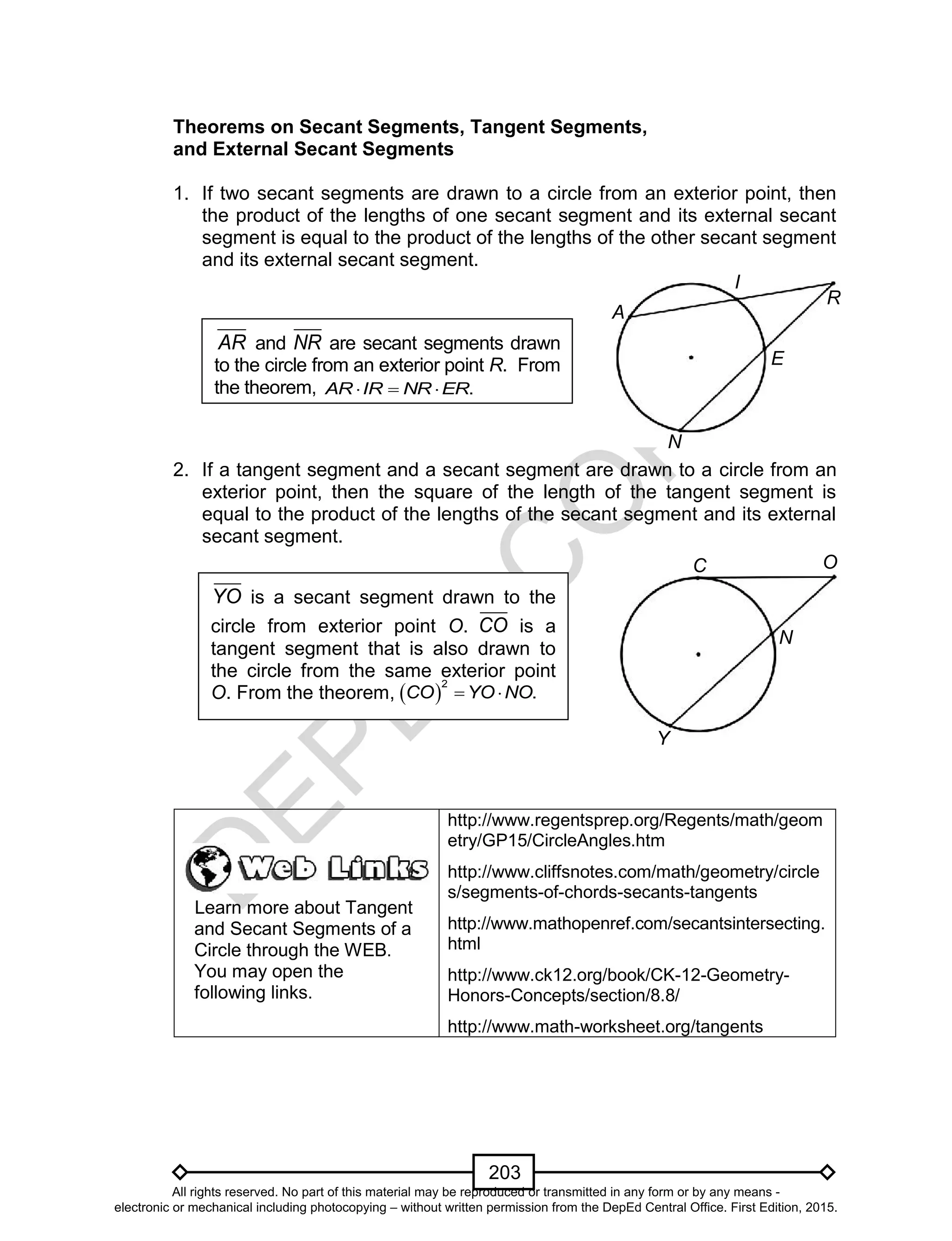 D
EPED
C
O
PY
203
N
A
R
I
E
N
OC
Y
Theorems on Secant Segments, Tangent Segments,
and External Secant Segments
1. If two secant segments are drawn to a circle from an exterior point, then
the product of the lengths of one secant segment and its external secant
segment is equal to the product of the lengths of the other secant segment
and its external secant segment.
2. If a tangent segment and a secant segment are drawn to a circle from an
exterior point, then the square of the length of the tangent segment is
equal to the product of the lengths of the secant segment and its external
secant segment.
Learn more about Tangent
and Secant Segments of a
Circle through the WEB.
You may open the
following links.
http://www.regentsprep.org/Regents/math/geom
etry/GP15/CircleAngles.htm
http://www.cliffsnotes.com/math/geometry/circle
s/segments-of-chords-secants-tangents
http://www.mathopenref.com/secantsintersecting.
html
http://www.ck12.org/book/CK-12-Geometry-
Honors-Concepts/section/8.8/
http://www.math-worksheet.org/tangents
AR and NR are secant segments drawn
to the circle from an exterior point R. From
the theorem, .AR IR NR ER  
YO is a secant segment drawn to the
circle from exterior point O. CO is a
tangent segment that is also drawn to
the circle from the same exterior point
O. From the theorem,  
2
.CO YO NO 
All rights reserved. No part of this material may be reproduced or transmitted in any form or by any means -
electronic or mechanical including photocopying – without written permission from the DepEd Central Office. First Edition, 2015.
 