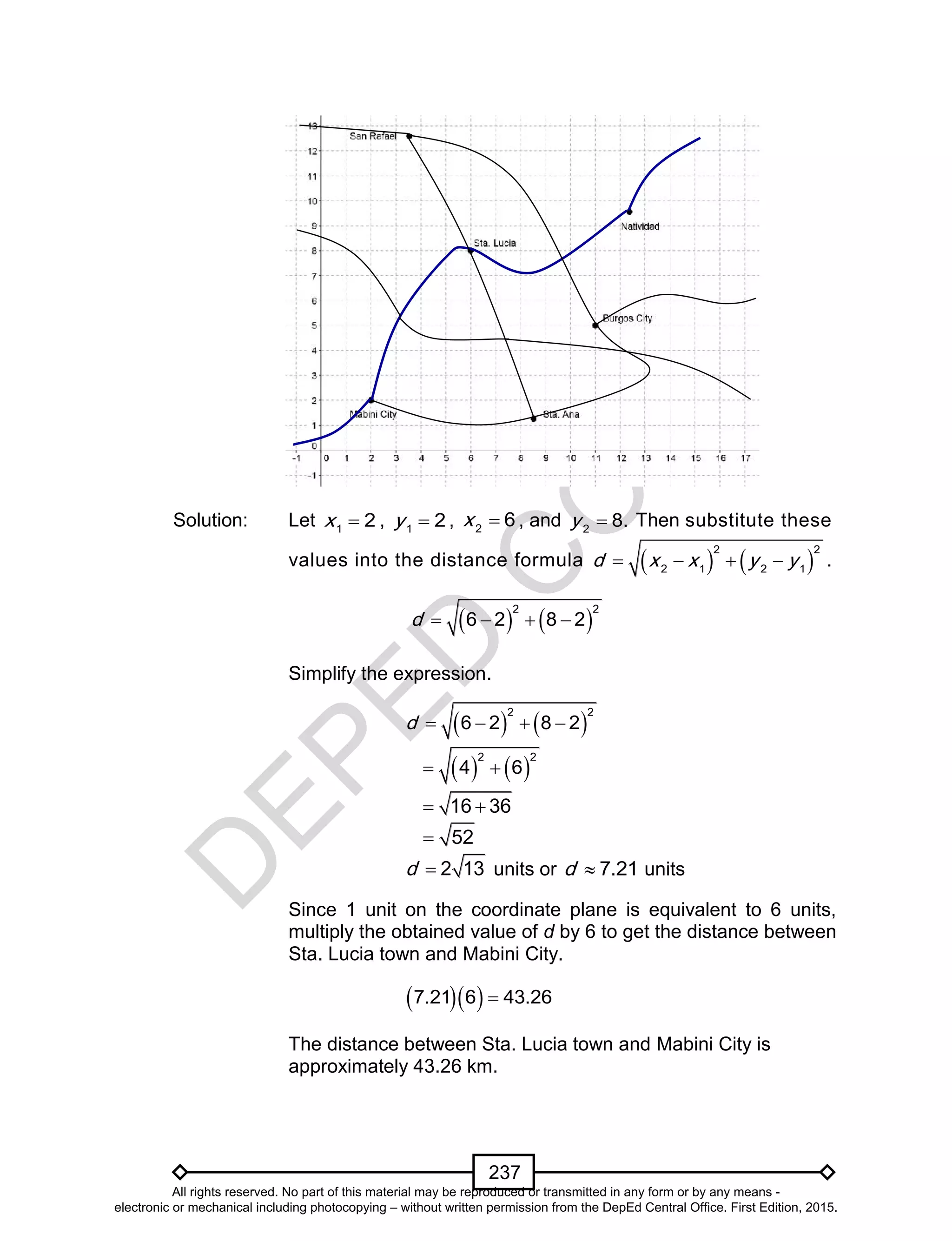 D
EPED
C
O
PY
237
Solution: Let 1
2x  , 1
2y  , 2
6x  , and 2
8.y Then substitute these
values into the distance formula    
2 2
2 1 2 1
d x x y y    .
   
2 2
6 2 8 2d    
Simplify the expression.
   
2 2
6 2 8 2d    
   
2 2
4 6 
16 36 
52
2 13d  units or 7.21d  units
Since 1 unit on the coordinate plane is equivalent to 6 units,
multiply the obtained value of d by 6 to get the distance between
Sta. Lucia town and Mabini City.
  7.21 6 43.26
The distance between Sta. Lucia town and Mabini City is
approximately 43.26 km.
All rights reserved. No part of this material may be reproduced or transmitted in any form or by any means -
electronic or mechanical including photocopying – without written permission from the DepEd Central Office. First Edition, 2015.
 