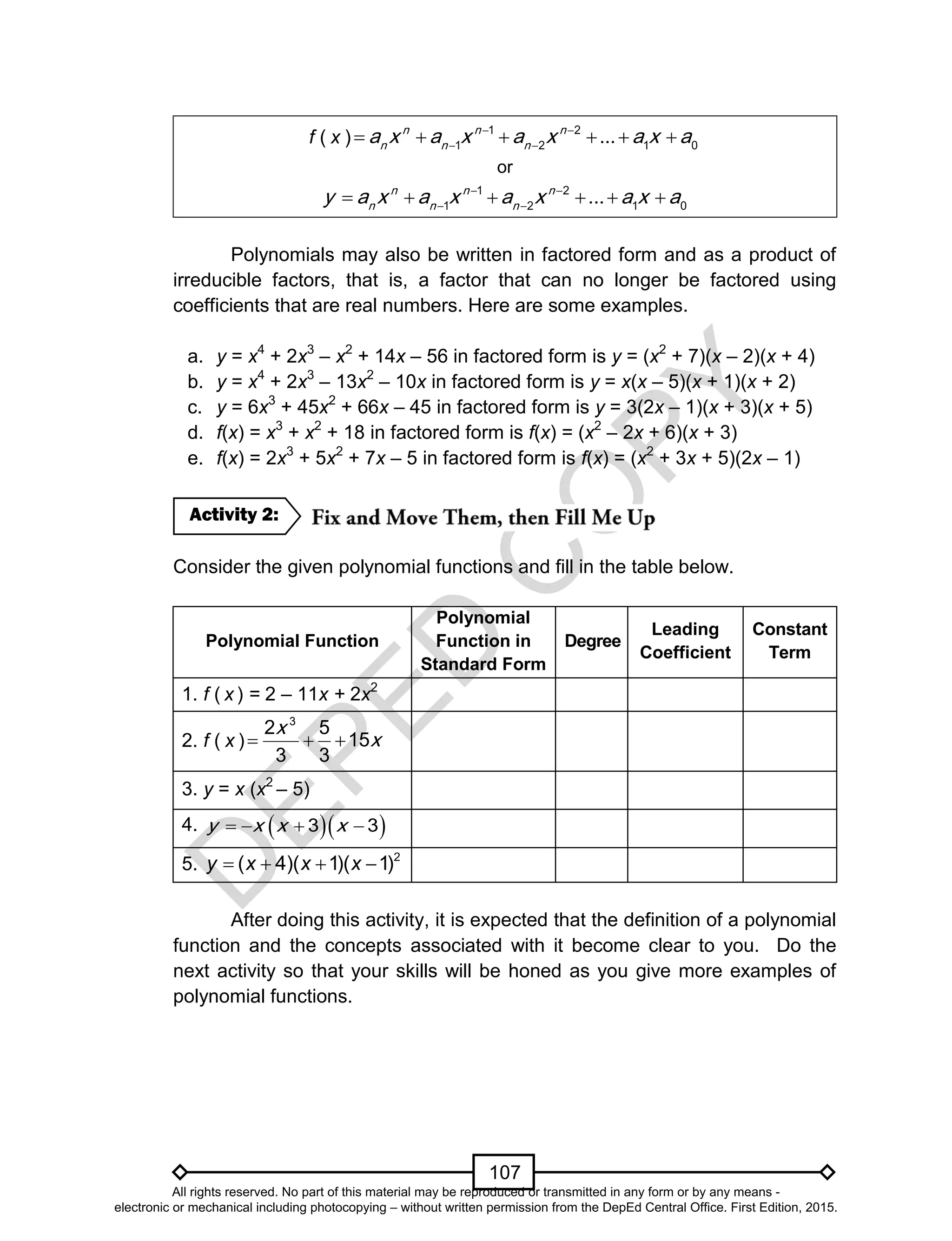 D
EPED
C
O
PY
107
f ( x )  
 
     1 2
1 2 1 0
...n n n
n n n
a x a x a x a x a
or
1 2
1 2 1 0
...n n n
n n n
y a x a x a x a x a 
 
     
Polynomials may also be written in factored form and as a product of
irreducible factors, that is, a factor that can no longer be factored using
coefficients that are real numbers. Here are some examples.
a. y = x4
+ 2x3
– x2
+ 14x – 56 in factored form is y = (x2
+ 7)(x – 2)(x + 4)
b. y = x4
+ 2x3
– 13x2
– 10x in factored form is y = x(x – 5)(x + 1)(x + 2)
c. y = 6x3
+ 45x2
+ 66x – 45 in factored form is y = 3(2x – 1)(x + 3)(x + 5)
d. f(x) = x3
+ x2
+ 18 in factored form is f(x) = (x2
– 2x + 6)(x + 3)
e. f(x) = 2x3
+ 5x2
+ 7x – 5 in factored form is f(x) = (x2
+ 3x + 5)(2x – 1)
Consider the given polynomial functions and fill in the table below.
Polynomial Function
Polynomial
Function in
Standard Form
Degree
Leading
Coefficient
Constant
Term
1. f ( x ) = 2 – 11x + 2x2
2. f ( x )  
3
2 5
15
3 3
x
x
3. y = x (x2
– 5)
4.   3 3y x x x  
5. 2
)1)(1)(4(  xxxy
After doing this activity, it is expected that the definition of a polynomial
function and the concepts associated with it become clear to you. Do the
next activity so that your skills will be honed as you give more examples of
polynomial functions.
Activity 2:
All rights reserved. No part of this material may be reproduced or transmitted in any form or by any means -
electronic or mechanical including photocopying – without written permission from the DepEd Central Office. First Edition, 2015.
 