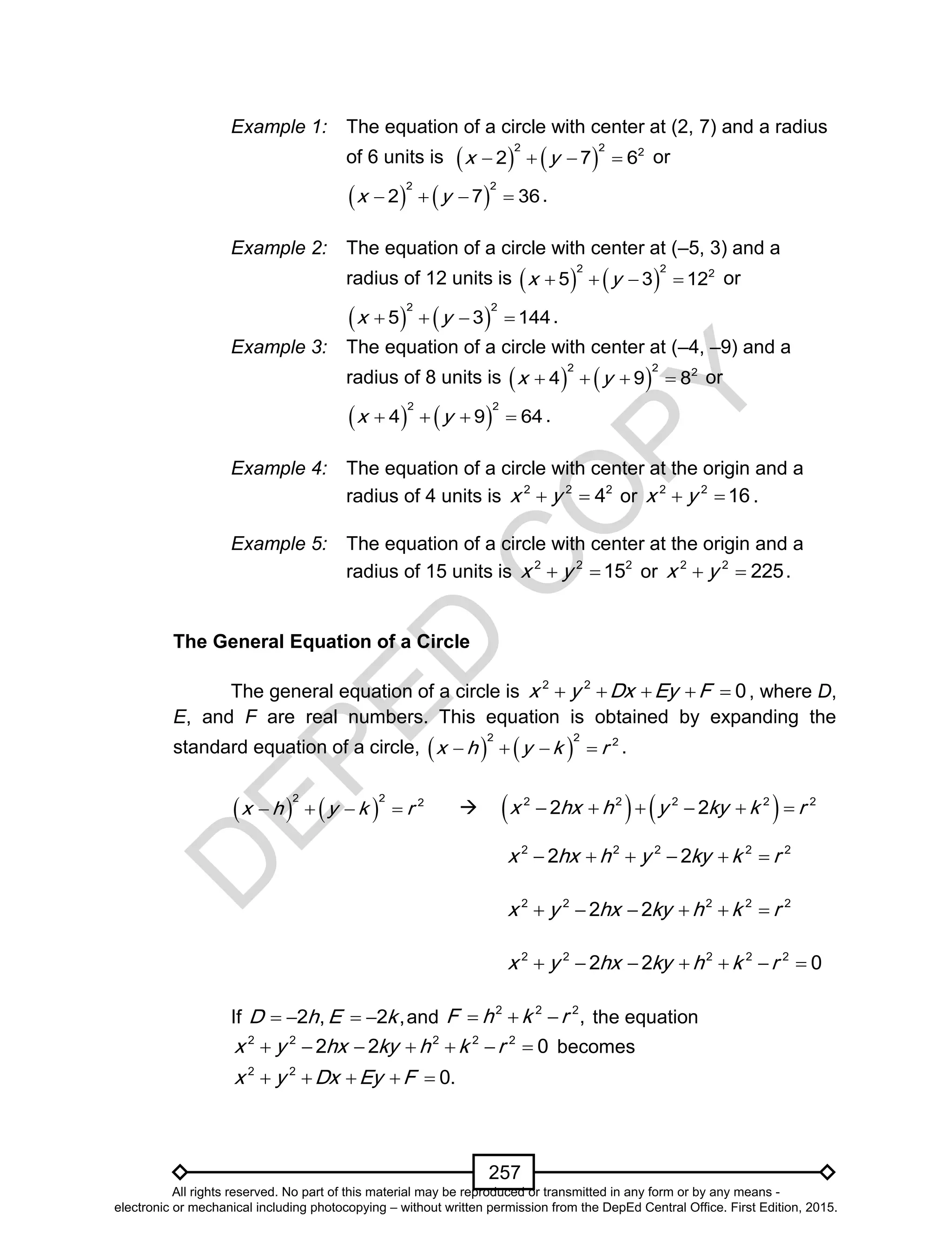 D
EPED
C
O
PY
257
Example 1: The equation of a circle with center at (2, 7) and a radius
of 6 units is    
2 2 2
2 7 6x y    or
   
2 2
2 7 36x y    .
Example 2: The equation of a circle with center at (–5, 3) and a
radius of 12 units is    
2 2 2
5 3 12x y    or
   
2 2
5 3 144x y    .
Example 3: The equation of a circle with center at (–4, –9) and a
radius of 8 units is    
2 2 2
4 9 8x y    or
   
2 2
4 9 64x y    .
Example 4: The equation of a circle with center at the origin and a
radius of 4 units is 2 2 2
4x y  or 2 2
16x y  .
Example 5: The equation of a circle with center at the origin and a
radius of 15 units is 2 2 2
15x y  or 2 2
225x y  .
The General Equation of a Circle
The general equation of a circle is 2 2
0x y Dx Ey F     , where D,
E, and F are real numbers. This equation is obtained by expanding the
standard equation of a circle,    
2 2 2
x h y k r    .
   
2 2 2
x h y k r        2 2 2 2 2
2 2x hx h y ky k r     
2 2 2 2 2
2 2x hx h y ky k r     
2 2 2 2 2
2 2x y hx ky h k r     
2 2 2 2 2
2 2 0x y hx ky h k r      
If 2 ,D h  2 ,E k  and 2 2 2
,F h k r   the equation
2 2 2 2 2
2 2 0x y hx ky h k r       becomes
2 2
0.x y Dx Ey F    
All rights reserved. No part of this material may be reproduced or transmitted in any form or by any means -
electronic or mechanical including photocopying – without written permission from the DepEd Central Office. First Edition, 2015.
 