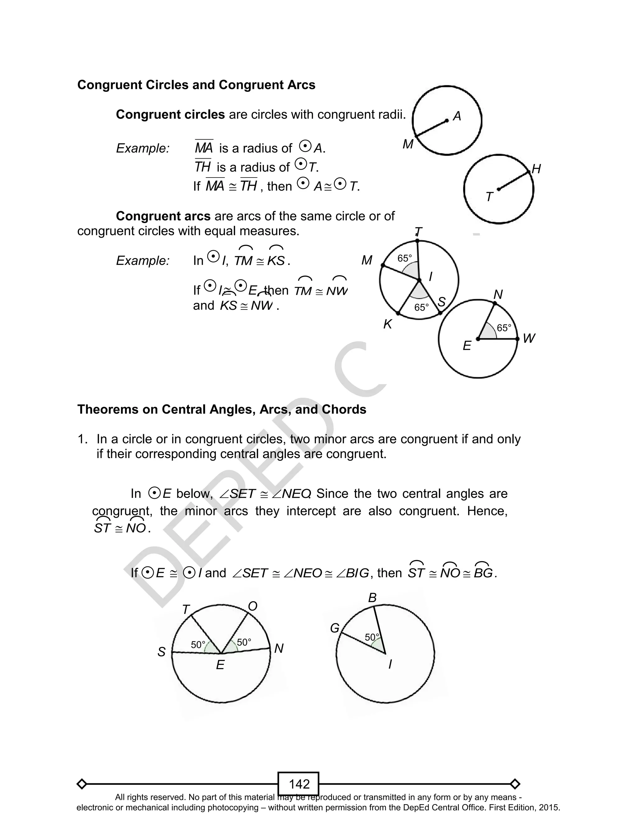 D
EPED
C
O
PY
142
W
T
S
E
65°
65°
N
M
K
I
M
A
T
H
Congruent Circles and Congruent Arcs
Congruent circles are circles with congruent radii.
Example: MA is a radius of A.
TH is a radius of T.
If THMA  , then A T.
Congruent arcs are arcs of the same circle or of
congruent circles with equal measures.
Example: In I, KSTM  .
If I E, then NWTM 
and NWKS  .
Theorems on Central Angles, Arcs, and Chords
1. In a circle or in congruent circles, two minor arcs are congruent if and only
if their corresponding central angles are congruent.
In E below, NEOSET  Since the two central angles are
congruent, the minor arcs they intercept are also congruent. Hence,
NOST  .
If E  I and BIGNEOSET  , then BGNOST  .
65°
T
50°50°
T
S N
O
E I
G
B
50°
.
All rights reserved. No part of this material may be reproduced or transmitted in any form or by any means -
electronic or mechanical including photocopying – without written permission from the DepEd Central Office. First Edition, 2015.
 