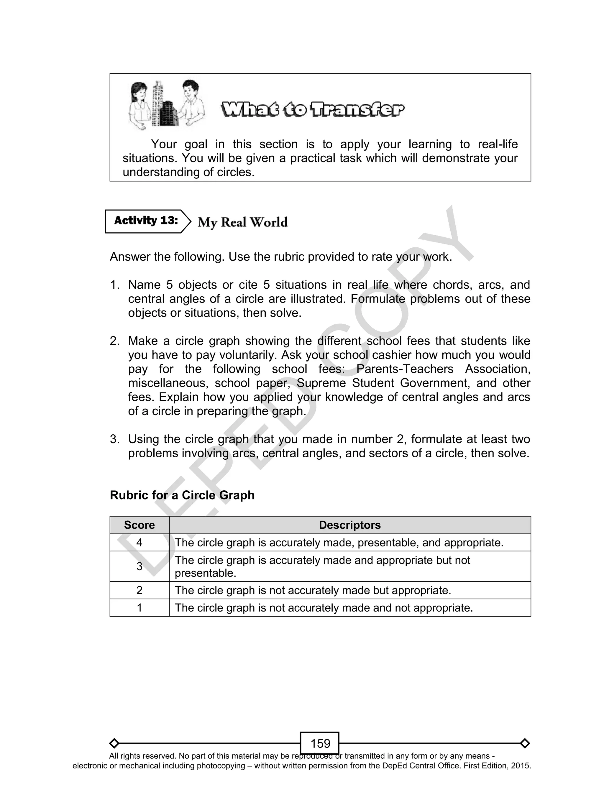 D
EPED
C
O
PY
159
Your goal in this section is to apply your learning to real-life
situations. You will be given a practical task which will demonstrate your
understanding of circles.
Answer the following. Use the rubric provided to rate your work.
1. Name 5 objects or cite 5 situations in real life where chords, arcs, and
central angles of a circle are illustrated. Formulate problems out of these
objects or situations, then solve.
2. Make a circle graph showing the different school fees that students like
you have to pay voluntarily. Ask your school cashier how much you would
pay for the following school fees: Parents-Teachers Association,
miscellaneous, school paper, Supreme Student Government, and other
fees. Explain how you applied your knowledge of central angles and arcs
of a circle in preparing the graph.
3. Using the circle graph that you made in number 2, formulate at least two
problems involving arcs, central angles, and sectors of a circle, then solve.
Rubric for a Circle Graph
Score Descriptors
4 The circle graph is accurately made, presentable, and appropriate.
3
The circle graph is accurately made and appropriate but not
presentable.
2 The circle graph is not accurately made but appropriate.
1 The circle graph is not accurately made and not appropriate.
Activity 13:
All rights reserved. No part of this material may be reproduced or transmitted in any form or by any means -
electronic or mechanical including photocopying – without written permission from the DepEd Central Office. First Edition, 2015.
 