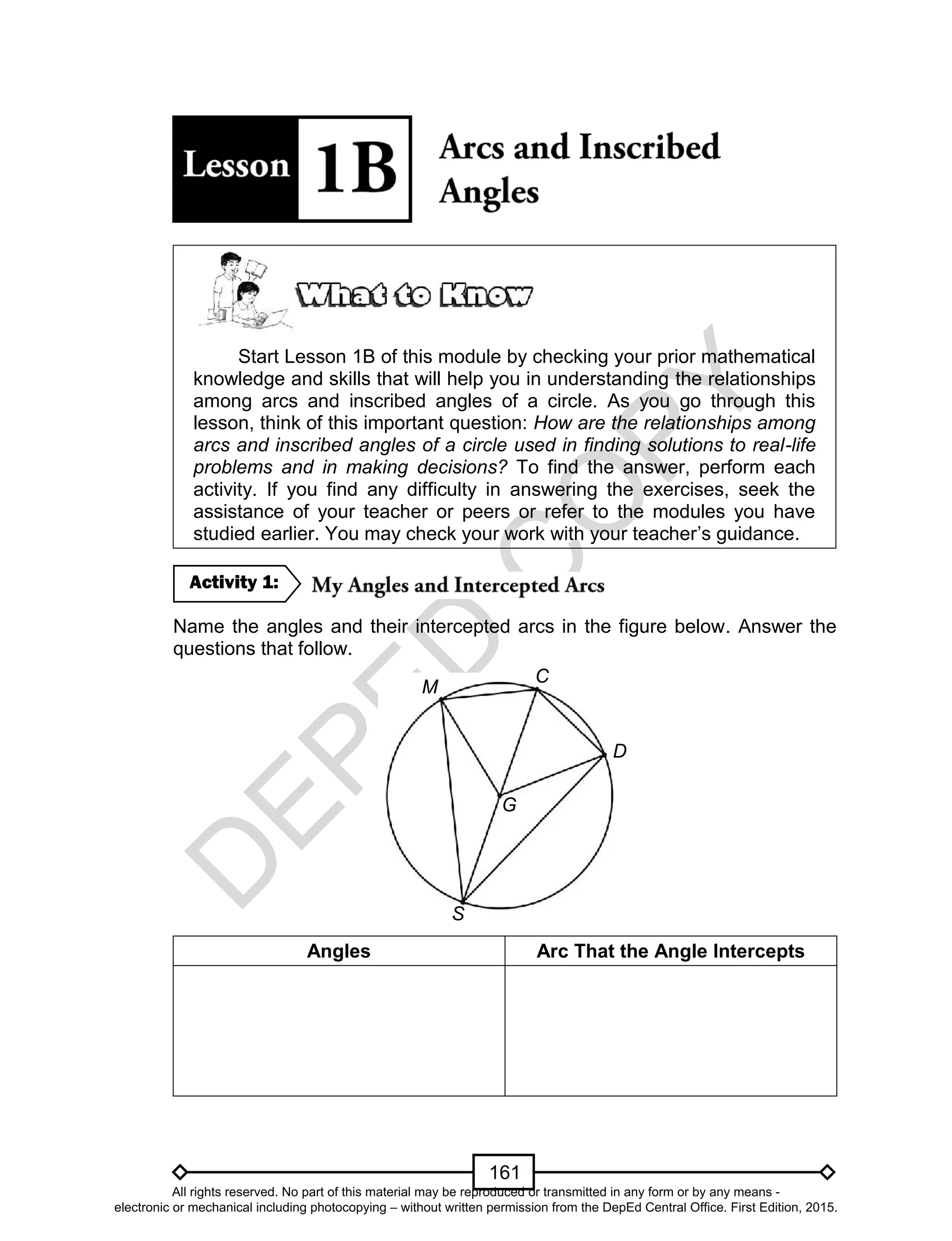 D
EPED
C
O
PY
161
Start Lesson 1B of this module by checking your prior mathematical
knowledge and skills that will help you in understanding the relationships
among arcs and inscribed angles of a circle. As you go through this
lesson, think of this important question: How are the relationships among
arcs and inscribed angles of a circle used in finding solutions to real-life
problems and in making decisions? To find the answer, perform each
activity. If you find any difficulty in answering the exercises, seek the
assistance of your teacher or peers or refer to the modules you have
studied earlier. You may check your work with your teacher’s guidance.
Name the angles and their intercepted arcs in the figure below. Answer the
questions that follow.
Angles Arc That the Angle Intercepts
S
D
C
M
G
Activity 1:
All rights reserved. No part of this material may be reproduced or transmitted in any form or by any means -
electronic or mechanical including photocopying – without written permission from the DepEd Central Office. First Edition, 2015.
 