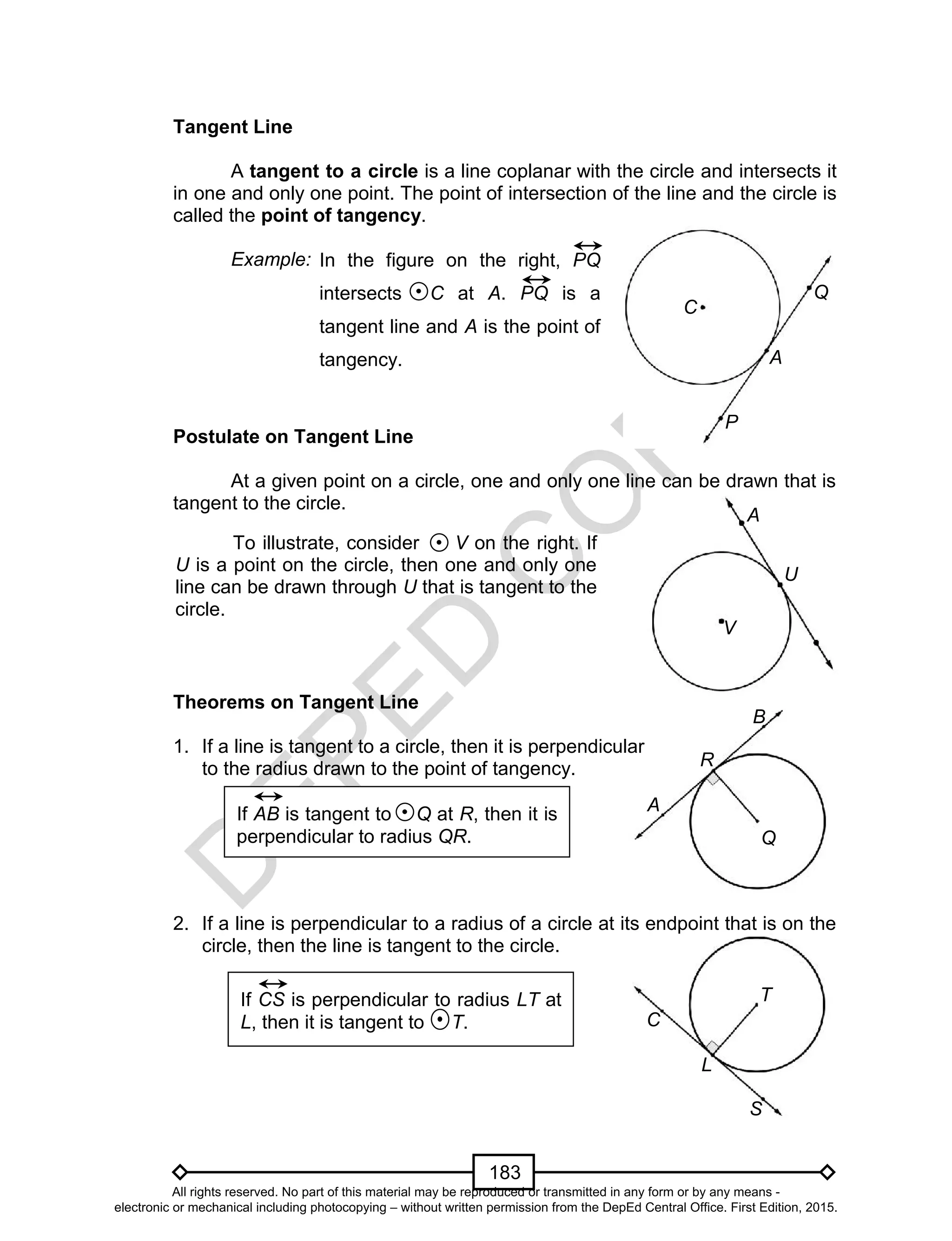 D
EPED
C
O
PY
183
A
V
U
B
Q
If AB is tangent to Q at R, then it is
perpendicular to radius QR.
C
L
T
S
If CS is perpendicular to radius LT at
L, then it is tangent to T.
Tangent Line
A tangent to a circle is a line coplanar with the circle and intersects it
in one and only one point. The point of intersection of the line and the circle is
called the point of tangency.
Example:
Postulate on Tangent Line
At a given point on a circle, one and only one line can be drawn that is
tangent to the circle.
Theorems on Tangent Line
1. If a line is tangent to a circle, then it is perpendicular
to the radius drawn to the point of tangency.
2. If a line is perpendicular to a radius of a circle at its endpoint that is on the
circle, then the line is tangent to the circle.
To illustrate, consider V on the right. If
U is a point on the circle, then one and only one
line can be drawn through U that is tangent to the
circle.
R
A
In the figure on the right, PQ
intersects C at A. PQ is a
tangent line and A is the point of
tangency.
C
Q
A
P
All rights reserved. No part of this material may be reproduced or transmitted in any form or by any means -
electronic or mechanical including photocopying – without written permission from the DepEd Central Office. First Edition, 2015.
 