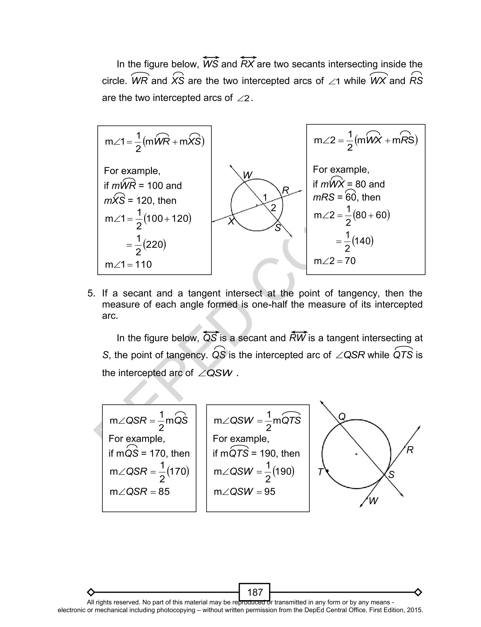 D
EPED
C
O
PY
187
ST
R
Q
W
In the figure below, WS and RX are two secants intersecting inside the
circle. WR and XS are the two intercepted arcs of 1 while WX and RS
are the two intercepted arcs of 2 .
5. If a secant and a tangent intersect at the point of tangency, then the
measure of each angle formed is one-half the measure of its intercepted
arc.
In the figure below, QS is a secant and RW is a tangent intersecting at
S, the point of tangency. QS is the intercepted arc of QSR while QTS is
the intercepted arc of QSW .
 XSWR mm
2
1
1m 
For example,
if mWR = 100 and
mXS = 120, then
 
 
1101m
220
2
1
120100
2
1
1m



 Smm
2
1
2m RWX 
For example,
if mWX = 80 and
mRS = 60, then
 
 
702m
140
2
1
6080
2
1
2m



QSQSR m
2
1
m 
For example,
if mQS = 170, then
 
85m
170
2
1
m


QSR
QSR
QTSQSW m
2
1
m 
For example,
if mQTS = 190, then
 
95m
190
2
1
m


QSW
QSW
S
R
1
W
X
2
All rights reserved. No part of this material may be reproduced or transmitted in any form or by any means -
electronic or mechanical including photocopying – without written permission from the DepEd Central Office. First Edition, 2015.
 