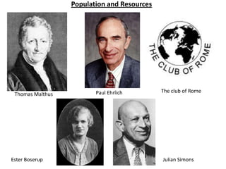Population and Resources The club of Rome Paul Ehrlich Thomas Malthus Ester Boserup Julian Simons 