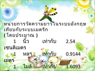 หน่วยกำรวัดควำมยำวในระบบอังกฤษ
เทียบกับระบบเมตริก
( โดยประมำณ )
1 นิ้ว เท่ำกับ 2.54
เซนติเมตร
1 หลำ เท่ำกับ 0.9144
เมตร
1 ไมล์ เท่ำกับ 1.6093
 