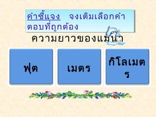 คำำชี้แจง จงเติมเลือกคำำ
ตอบที่ถูกต้อง
คำำชี้แจง จงเติมเลือกคำำ
ตอบที่ถูกต้อง
ควำมยำวของแม่นำ้ำ
ฟุต เมตร
กิโลเมต
ร
 