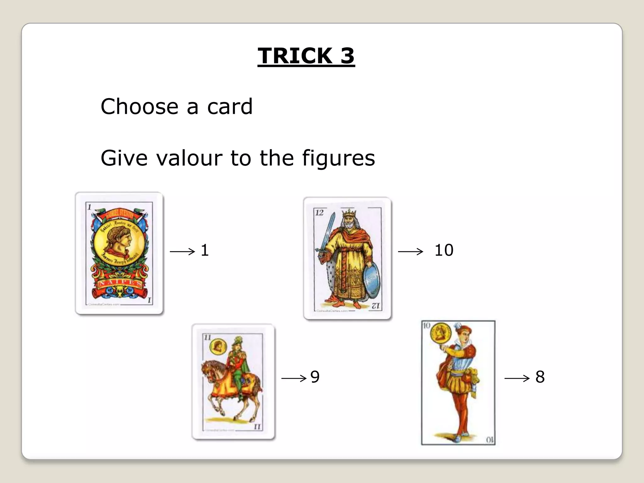 TRICK 3

Choose a card
Give valour to the figures

1

10

9

8

 