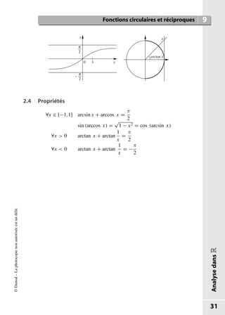 2.4 Propriétés
∀x ∈ [−1,1] arcsin x + arccos x =
π
2
sin (arccos x) =
√
1 − x2 = cos (arcsin x)
∀x  0 arctan x + arctan
1
...