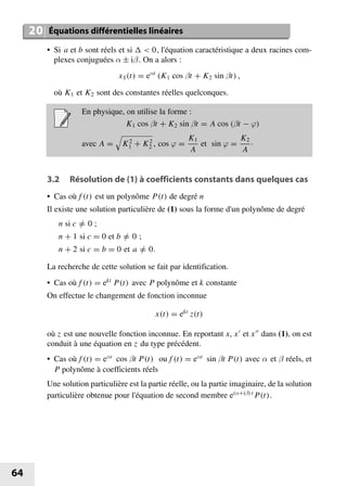 • Si a et b sont réels et si   0, l'équation caractéristique a deux racines com-
plexes conjuguées α ± iβ. On a alors :
xS...