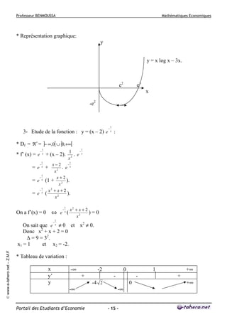 Professeur BENMOUSSA

Mathématiques Economiques

* Représentation graphique:
y

y = x log x – 3x.

e2

e3
x

-e2

3- Etude de la fonction : y = (x – 2) e

−

1
x

:

* Df = ℜ * = ]− ∞,0[ ∪ ]0,+∞[
* f’ (x) = e
=e
=e
=e

−

1
x

−

1
x

−

1
x

−

1
x

1

+ (x – 2).

−
1
.e x
2
x

x − 2 −x
+
.e
x2
x+2
(1 + 2 ).
x
2
x + x+2
(
).
x2

1

−

1

On a f’(x) = 0 ⇔ e x (
−

x2 + x + 2
)=0
x2

1
x

© www.e-tahero.net – Z.M.F

On sait que e ≠ 0 et x2 ≠ 0.
Donc x2 + x + 2 = 0
∆ = 9 = 32.
x1 = 1
et x2 = -2.
* Tableau de variation :
x
y’
y

-∞

-2
+

0
-

-

-4 2
-∞

Portail des Etudiants d’Economie

1
0

-∞

- 15 -

+∞
+
+∞

 