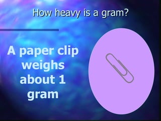 How heavy is a gram? A paper clip weighs about 1 gram 