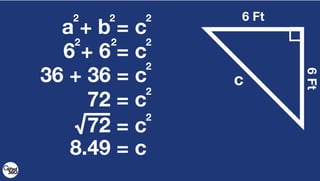 6 Ft
6Ft
c
a + b = c
2 2 2
6 + 6 = c
2 2 2
36 + 36 = c
2
72 = c
2
√72 = c
2
8.49 = c
 