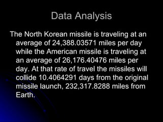 Data Analysis The North Korean missile is traveling at an average of 24,388.03571 miles per day while the American missile is traveling at an average of 26,176.40476 miles per day. At that rate of travel the missiles will collide 10.4064291 days from the original missile launch, 232,317.8288 miles from Earth. 