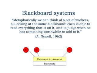 Blackboard systems
 “Metaphorically we can think of a set of workers,
all looking at the same blackboard: each is able to
read everything that is on it, and to judge when he
      has something worthwhile to add to it.”
                 (A. Newell, 1962)



        W1     W2                           Wn


                Concurrent access control
                      Blackboard
 