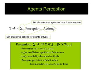 Agents Perception

                          Set of states that agents of type T can assume

  T  < ∑T, PerceptionT, ActionT>

Set of allowed actions for agents of type T


         PerceptionT: ∑T [N X Wf1] …[N X Wf|F|]
              •PerceptionT(s) = (cT(s), tT(s))
              •cT(s): coefficient applied to field values
              •tT(s): sensibility threshold to fields
              •An agent perceives a field fi when
                        CompareT(ciT(s)…wfi,tiT(s)) is True
 