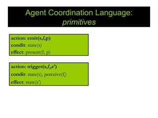 Agent Coordination Language:
                primitives
action: emit(s,f,p)
condit: state(s)
effect: present(f, p)

action: trigger(s,fi,s’)
condit: state(s), perceive(fi)
effect: state(s’)
 
