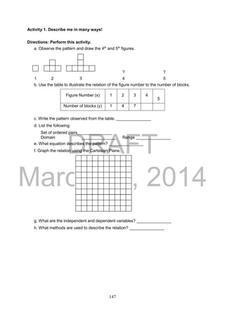 DRAFT
March 24, 2014
147
Activity 1. Describe me in many ways!
Directions: Perform this activity.
a. Observe the pattern and draw the 4th
and 5th
figures.
? ?
1 2 3 4 5
b. Use the table to illustrate the relation of the figure number to the number of blocks.
c. Write the pattern observed from the table. _______________
d. List the following:
Set of ordered pairs_______________
Domain _______________ Range _______________
e. What equation describes the pattern? _______________
f. Graph the relation using the Cartesian Plane.
g. What are the independent and dependent variables? _______________
h. What methods are used to describe the relation? _______________
Figure Number (x) 1 2 3 4
5
Number of blocks (y) 1 4 7
 