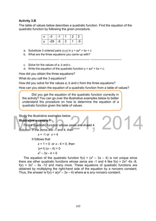 DRAFT
March 24, 2014
185
Activity 3.B
The table of values below describes a quadratic function. Find the equation of the
quadratic function by following the given procedure.
a. Substitute 3 ordered pairs (x,y) in y = ax2
+ bx + c
b. What are the three equations you came up with?
___________________, __________________, ___________________
c. Solve for the values of a, b and c.
d. Write the equation of the quadratic function y = ax2
+ bx + c.
How did you obtain the three equations?
What do you call the 3 equations?
How did you solve for the values a, b and c from the three equations?
How can you obtain the equation of a quadratic function from a table of values?
Study the illustrative examples below.
Illustrative example 1
Find a quadratic function whose zeros are -1 and 4.
Solution: If the zeros are -1 and 4, then
x = -1 or x = 4
It follows that
x + 1 = 0 or x - 4 = 0, then
(x+1) (x – 4) = 0
x2 – 3x - 4 = 0
The equation of the quadratic function f(x) = (x2 – 3x – 4) is not unique since
there are other quadratic functions whose zeros are -1 and 4 like f(x) = 2x2 -6x -8,
f(x) = 3x2 – 9x -12 and many more. These equations of quadratic functions are
obtained by multiplying the right-hand side of the equation by a nonzero constant.
Thus, the answer is f(x) = a(x2 – 3x – 4) where a is any nonzero constant.
x -3 -1 1 2 3
y -29 -5 3 1 -5
Did you get the equation of the quadratic function correctly in
the activity? You can go over the illustrative examples below to better
understand the procedure on how to determine the equation of a
quadratic function given the table of values.
 
