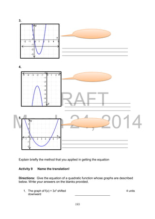 DRAFT
March 24, 2014
193
3.
4.
5.
Explain briefly the method that you applied in getting the equation
Activity 9 Name the translation!
Directions: Give the equation of a quadratic function whose graphs are described
below. Write your answers on the blanks provided.
1. The graph of f(x) = 3x2
shifted 4 units
downward ______________________
__________________________________________
__________________________________________
__________________________________________
__________________________________________
__________________________________________
__________________________________________
__________________________________________
__________________________________________
__________________________________________
y
x
y
x
y
x
 