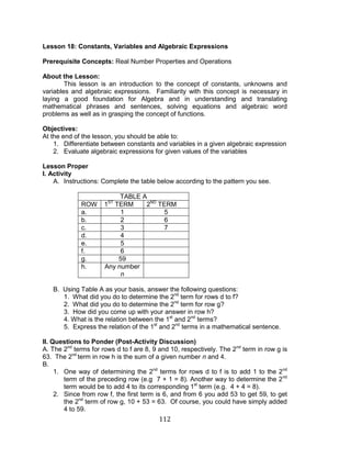 112 
Lesson 18: Constants, Variables and Algebraic Expressions 
Prerequisite Concepts: Real Number Properties and Operations 
About the Lesson: 
This lesson is an introduction to the concept of constants, unknowns and variables and algebraic expressions. Familiarity with this concept is necessary in laying a good foundation for Algebra and in understanding and translating mathematical phrases and sentences, solving equations and algebraic word problems as well as in grasping the concept of functions. 
Objectives: 
At the end of the lesson, you should be able to: 
1. Differentiate between constants and variables in a given algebraic expression 
2. Evaluate algebraic expressions for given values of the variables 
Lesson Proper 
I. Activity 
A. Instructions: Complete the table below according to the pattern you see. 
TABLE A 
ROW 
1ST TERM 
2ND TERM 
a. 
1 
5 
b. 
2 
6 
c. 
3 
7 
d. 
4 
e. 
5 
f. 
6 
g. 
59 
h. 
Any number n 
B. Using Table A as your basis, answer the following questions: 
1. What did you do to determine the 2nd term for rows d to f? 
2. What did you do to determine the 2nd term for row g? 
3. How did you come up with your answer in row h? 
4. What is the relation between the 1st and 2nd terms? 
5. Express the relation of the 1st and 2nd terms in a mathematical sentence. 
II. Questions to Ponder (Post-Activity Discussion) 
A. The 2nd terms for rows d to f are 8, 9 and 10, respectively. The 2nd term in row g is 63. The 2nd term in row h is the sum of a given number n and 4. 
B. 
1. One way of determining the 2nd terms for rows d to f is to add 1 to the 2nd term of the preceding row (e.g 7 + 1 = 8). Another way to determine the 2nd term would be to add 4 to its corresponding 1st term (e.g. 4 + 4 = 8). 
2. Since from row f, the first term is 6, and from 6 you add 53 to get 59, to get the 2nd term of row g, 10 + 53 = 63. Of course, you could have simply added 4 to 59.  
