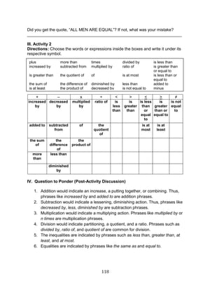 118 
Did you get the quote, “ALL MEN ARE EQUAL”? If not, what was your mistake? ___________________________________________________________________ 
III. Activity 2 
Directions: Choose the words or expressions inside the boxes and write it under its respective symbol. 
+ 
– 
x 
÷ 
< 
> 
< 
> 
≠ 
increased by 
decreased by 
multiplied by 
ratio of 
is less than 
is greater than 
is less than or equal to 
is greater than or equal to 
is not equal to 
added to 
subtracted from 
of 
the quotient of 
is at most 
is at least 
the sum of 
the difference of 
the product of 
more than 
less than 
diminished by 
IV. Question to Ponder (Post-Activity Discussion) 
1. Addition would indicate an increase, a putting together, or combining. Thus, phrases like increased by and added to are addition phrases. 
2. Subtraction would indicate a lessening, diminishing action. Thus, phrases like decreased by, less, diminished by are subtraction phrases. 
3. Multiplication would indicate a multiplying action. Phrases like multiplied by or n times are multiplication phrases. 
4. Division would indicate partitioning, a quotient, and a ratio. Phrases such as divided by, ratio of, and quotient of are common for division. 
5. The inequalities are indicated by phrases such as less than, greater than, at least, and at most. 
6. Equalities are indicated by phrases like the same as and equal to. 
plus 
more than 
times 
divided by 
is less than 
increased by 
subtracted from 
multiplied by 
ratio of 
is greater than or equal to 
is greater than 
the quotient of 
of 
is at most 
is less than or equal to 
the sum of 
the difference of 
diminished by 
less than 
added to 
is at least 
the product of 
decreased by 
is not equal to 
minus 
 