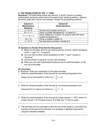 119 
V. THE TRANSLATION OF THE “=” SIGN 
Directions: The table below shows two columns, A and B. Column A contains 
mathematical sentences while Column B contains their verbal translations. Observe 
the items under each column and compare. Answer the proceeding questions. 
Column A 
Mathematical 
Sentence 
Column B 
Verbal Sentence 
x + 5 = 4 The sum of a number and 5 is 4. 
2x – 1 = 1 Twice a number decreased by 1 is equal to 1. 
7 + x = 2x + 3 
Seven added by a number x is equal to twice the same 
number increased by 3. 
3x = 15 Thrice a number x yields 15. 
x – 2 = 3 Two less than a number x results to 3. 
VI. Question to Ponder (Post-Activity Discussion) 
1) Based on the table, what do you observe are the common verbal translations 
of the “=” sign? “is”, “is equal to” 
2) Can you think of other verbal translations for the “=” sign? “results in”, 
“becomes” 
3) Use the phrase “is equal to” on your own sentence. 
4) Write your own pair mathematical sentence and its verbal translation on the 
last row of the table. 
VII. Exercises: 
A. Directions: Write your responses on the space provided. 
1. Write the verbal translation of the formula for converting temperature from 
Celsius (C) to Fahrenheit (F) which is . 
___________________________________________________________________ 
2. Write the verbal translation of the formula for converting temperature from 
Fahrenheit (F) to Celsius (C) which is . 
___________________________________________________________________ 
3. Write the verbal translation of the formula for simple interest: I = PRT, where I is 
simple interest, P is Principal Amount, R is Rate and T is time in years. 
___________________________________________________________________ 
4. The perimeter (P) of a rectangle is twice the sum of the length (L) and width (W). 
Express the formula of the perimeter of a rectangle in algebraic expressions 
using the indicated variables. 
___________________________________________________________________ 
32 
5 
9 
F C 
32 
9 
5 
C F 
 