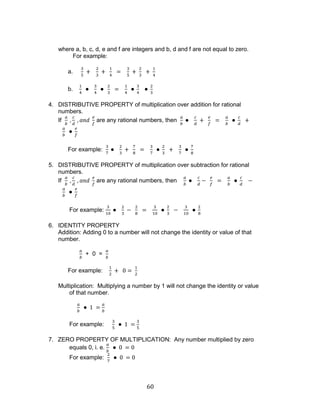 60 
where a, b, c, d, e and f are integers and b, d and f are not equal to zero. 
For example: 
a. 
b. 
4. DISTRIBUTIVE PROPERTY of multiplication over addition for rational numbers. 
If are any rational numbers, then 
For example: 
5. DISTRIBUTIVE PROPERTY of multiplication over subtraction for rational numbers. 
If are any rational numbers, then 
For example: 
6. IDENTITY PROPERTY 
Addition: Adding 0 to a number will not change the identity or value of that number. 
+ 0 = 
For example: 
Multiplication: Multiplying a number by 1 will not change the identity or value of that number. 
For example: 
7. ZERO PROPERTY OF MULTIPLICATION: Any number multiplied by zero 
equals 0, i. e. 
For example: 
 