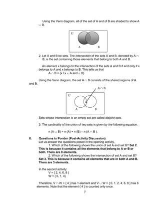 7 
Using the Venn diagram, all of the set of A and of B are shaded to show A B. 
2. Let A and B be sets. The intersection of the sets A and B, denoted by A B, is the set containing those elements that belong to both A and B. 
An element x belongs to the intersection of the sets A and B if and only if x belongs to A and x belongs to B. This tells us that 
A B = {x l x A and B} 
Using the Venn diagram, the set A B consists of the shared regions of A and B. 
Sets whose intersection is an empty set are called disjoint sets. 
3. The cardinality of the union of two sets is given by the following equation: 
n (A B) = n (A) + n (B) – n (A B ). 
II. Questions to Ponder (Post-Activity Discussion) 
Let us answer the questions posed in the opening activity. 
1. Which of the following shows the union of set A and set B? Set 2. This is because it contains all the elements that belong to A or B or both. There are 8 elements. 
2. Which of the following shows the intersection of set A and set B? Set 3. This is because it contains all elements that are in both A and B. There are 3 elements. 
In the second activity: 
V = { 2, 4, 6, 8 } 
W = { 0, 1, 4} 
Therefore, V W = { 4 } has 1 element and V W = { 0, 1, 2, 4, 6, 8 } has 6 elements. Note that the element { 4 } is counted only once. 
U 
A B 
U 
A B 
A B  