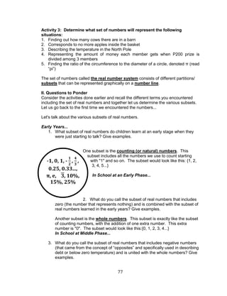 77 
-1, 0, 1, - , , 0.25, 0.33..., π, e, , 10%, 15%, 25% 
Activity 3: Determine what set of numbers will represent the following situations: 
1. Finding out how many cows there are in a barn 
2. Corresponds to no more apples inside the basket 
3. Describing the temperature in the North Pole 
4. Representing the amount of money each member gets when P200 prize is divided among 3 members 
5. Finding the ratio of the circumference to the diameter of a circle, denoted π (read “pi”) 
The set of numbers called the real number system consists of different partitions/ subsets that can be represented graphically on a number line. 
II. Questions to Ponder 
Consider the activities done earlier and recall the different terms you encountered including the set of real numbers and together let us determine the various subsets. Let us go back to the first time we encountered the numbers... 
Let's talk about the various subsets of real numbers. 
Early Years... 
1. What subset of real numbers do children learn at an early stage when they were just starting to talk? Give examples. 
One subset is the counting (or natural) numbers. This subset includes all the numbers we use to count starting with "1" and so on. The subset would look like this: {1, 2, 3, 4, 5...} 
In School at an Early Phase... 
2. What do you call the subset of real numbers that includes 
zero (the number that represents nothing) and is combined with the subset of real numbers learned in the early years? Give examples. 
Another subset is the whole numbers. This subset is exactly like the subset of counting numbers, with the addition of one extra number. This extra number is "0". The subset would look like this:{0, 1, 2, 3, 4...} 
In School at Middle Phase... 
3. What do you call the subset of real numbers that includes negative numbers (that came from the concept of “opposites” and specifically used in describing debt or below zero temperature) and is united with the whole numbers? Give examples. 
 