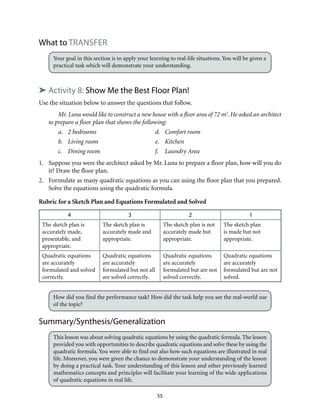 55
What to Transfer
Your goal in this section is to apply your learning to real-life situations. You will be given a
practical task which will demonstrate your understanding.
➤ Activity 8: Show Me the Best Floor Plan!
Use the situation below to answer the questions that follow.
Mr. Luna would like to construct a new house with a floor area of 72 m2
. He asked an architect
to prepare a floor plan that shows the following:
a.	 2 bedrooms	 d.	 Comfort room
b.	 Living room	 e.	 Kitchen
c.	 Dining room	 f. 	 Laundry Area
1.	 Suppose you were the architect asked by Mr. Luna to prepare a floor plan, how will you do
it? Draw the floor plan.
2. 	 Formulate as many quadratic equations as you can using the floor plan that you prepared.
Solve the equations using the quadratic formula.
Rubric for a Sketch Plan and Equations Formulated and Solved
4 3 2 1
The sketch plan is
accurately made,
presentable, and
appropriate.
The sketch plan is
accurately made and
appropriate.
The sketch plan is not
accurately made but
appropriate.
The sketch plan
is made but not
appropriate.
Quadratic equations
are accurately
formulated and solved
correctly.
Quadratic equations
are accurately
formulated but not all
are solved correctly.
Quadratic equations
are accurately
formulated but are not
solved correctly.
Quadratic equations
are accurately
formulated but are not
solved.
How did you find the performance task? How did the task help you see the real-world use
of the topic?
Summary/Synthesis/Generalization
This lesson was about solving quadratic equations by using the quadratic formula. The lesson
provided you with opportunities to describe quadratic equations and solve these by using the
quadratic formula. You were able to find out also how such equations are illustrated in real
life. Moreover, you were given the chance to demonstrate your understanding of the lesson
by doing a practical task. Your understanding of this lesson and other previously learned
mathematics concepts and principles will facilitate your learning of the wide applications
of quadratic equations in real life.
 