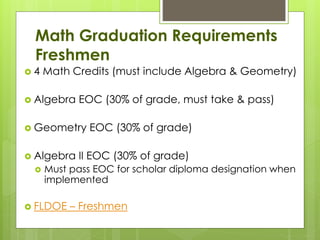 Math Graduation Requirements
Freshmen
 4 Math Credits (must include Algebra & Geometry)
 Algebra EOC (30% of grade, must take & pass)
 Geometry EOC (30% of grade)
 Algebra II EOC (30% of grade)
 Must pass EOC for scholar diploma designation when
implemented
 FLDOE – Freshmen
 