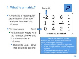 1. What is a matrix?
 A matrix is a rectangular
organization of a set of
numbers into rows and
columns
 Nomenclature
 m x n matrix where m is
the number of rows and
n is the number of
columns
 Think RC Cola – rows
first, columns second
32
This is a 3 x 4 matrix
Column #1
Row #3
Where are matrices used?
Matrices are used in many mathematical
areas, including the following:
1. Solving complex systems of equations
2. In the Google (Search Engine) PageRank
System
3. In services like Netflix that need to
organize large quantities of data
 