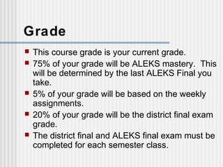 Grade 
 This course grade is your current grade. 
 75% of your grade will be ALEKS mastery. This 
will be determined by the last ALEKS Final you 
take. 
 5% of your grade will be based on the weekly 
assignments. 
 20% of your grade will be the district final exam 
grade. 
 The district final and ALEKS final exam must be 
completed for each semester class. 
 