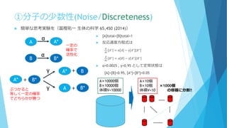 ①分子の少数性(Noise/Discreteness)
 簡単な思考実験を（冨樫祐一 生体の科学 65,450 (2014)）
B*B
A A*
α
α
A* B
A B*
＋
＋
＋γ
γ
 [A]total=[B]total=1
 反応速度方程式は
𝑑
𝑑𝑡
𝐴∗
= α 𝐴 − γ 𝐴∗
𝐵∗
𝑑
𝑑𝑡
𝐵∗
= α 𝐵 − γ 𝐴∗
𝐵∗
 α=0.0025 , γ=0.95 として定常状態は
[A]=[B]=0.95, [A*]=[B*]=0.05
一定の
確率で
活性化
ぶつかると
等しく一定の確率
でどちらかが勝つ
B*A* A×10000個
B×10000個
体積V=10000
……
……
A×10個
B×10個
体積V=10
×1000個
の容器に分割‼
………
……
 