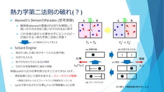 熱力学第二法則の破れ(？)
 Maxwell’s DemonのParadox (思考実験)
 観測者(Maxwelの悪魔)が仕切りを開閉して
速い分子のみをBに遅い分子のみをAに移す
 これを繰り返すと仕事をせずにエントロピー
が減少する→熱力学第二法則に矛盾？
より簡単なモデルで考える
 Szilard Engine
(a) 熱浴Tに接した箱に粒子を一つ入れる(熱平衡)
(b) 仕切りを入れる
(c) 粒子が左右どちらにあるか測定
(d) 仕切りを等温準静的に端まで移動
等温cycleから正の仕事を取り出すことはできないはず…
1. 測定結果に応じて操作を変える：フィードバック制御
→熱揺らぎのレベルでフィードバック制御を行っている
2. cycleで取り出された仕事𝑘 𝐵 𝑇 ln 2が情報量ln 2に比例
𝑇𝐴 = 𝑇𝐵 𝑇𝐴
′
< 𝑇𝐵
′
沙川貴大「情報処理の熱力学」より
(a) 初期平衡 (b) 仕切りを入れる
(c) 測定
(d) フィードバック
情報
ln 2
仕事
𝑘 𝐵 𝑇 ln 2
? ?
 