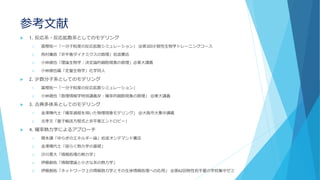 参考文献
 1. 反応系・反応拡散系としてのモデリング
1. 冨樫祐一「一分子粒度の反応拡散シミュレーション」 ＠第3回少数性生物学トレーニングコース
2. 西村廉政「非平衡ダイナミクスの数理」岩波書店
3. 小林徹也「理論生物学：決定論的細胞現象の数理」＠東大講義
4. 小林徹也編「定量生物学」化学同人
 2. 少数分子系としてのモデリング
1. 冨樫祐一「一分子粒度の反応拡散シミュレーション」
2. 小林徹也「数理情報学特別講義Ⅳ：確率的細胞現象の数理」 ＠東大講義
 3. 古典多体系としてのモデリング
1. 金澤輝代士「確率過程を用いた物理現象モデリング」 ＠大阪市大集中講義
2. 北孝文「量子輸送方程式と非平衡エントロピー」
 4. 確率熱力学によるアプローチ
1. 関本謙「ゆらぎのエネルギー論」岩波オンデマンド書店
2. 金澤輝代士「揺らぐ熱力学の基礎」
3. 沙川貴大「情報処理の熱力学」
4. 伊藤創祐「情報理論と小さな系の熱力学」
5. 伊藤創祐「ネットワーク上の情報熱力学とその生体情報処理への応用」 ＠第62回物性若手夏の学校集中ゼミ
 