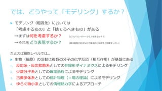 では、どうやって「モデリング」するか？
 モデリング（粗視化）においては
「考慮するもの」と「捨てるべきもの」がある
→まずは何を考慮するか？ （どういうレイヤーでモノを見るか？？）
→それをどう表現するか？ （僕は数物が好きなので基本的には数学と物理をしたい）
たとえば細胞レベルでは…
 生物（細胞）の活動は複数の分子の化学反応（相互作用）が基盤にある
1. 反応系・反応拡散系としての非線形ダイナミクスによるモデリング
2. 少数分子系としての確率過程によるモデリング
3. 古典多体系としての統計物理（＋場の理論）によるモデリング
4. ゆらぐ微小系としての情報熱力学によるアプローチ
 